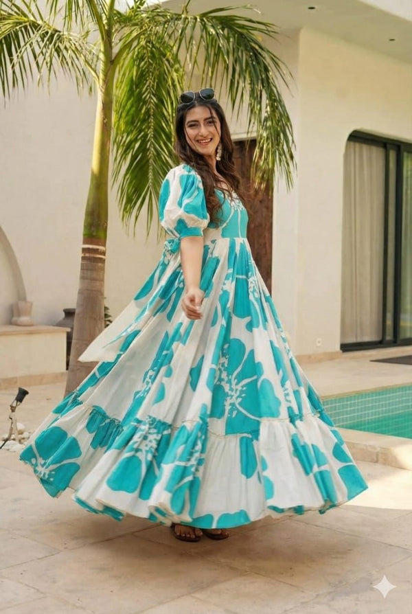 Women’s Turquoise Blue & White Printed Maxi Dress