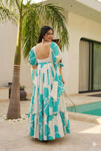 Women’s Turquoise Blue & White Printed Maxi Dress