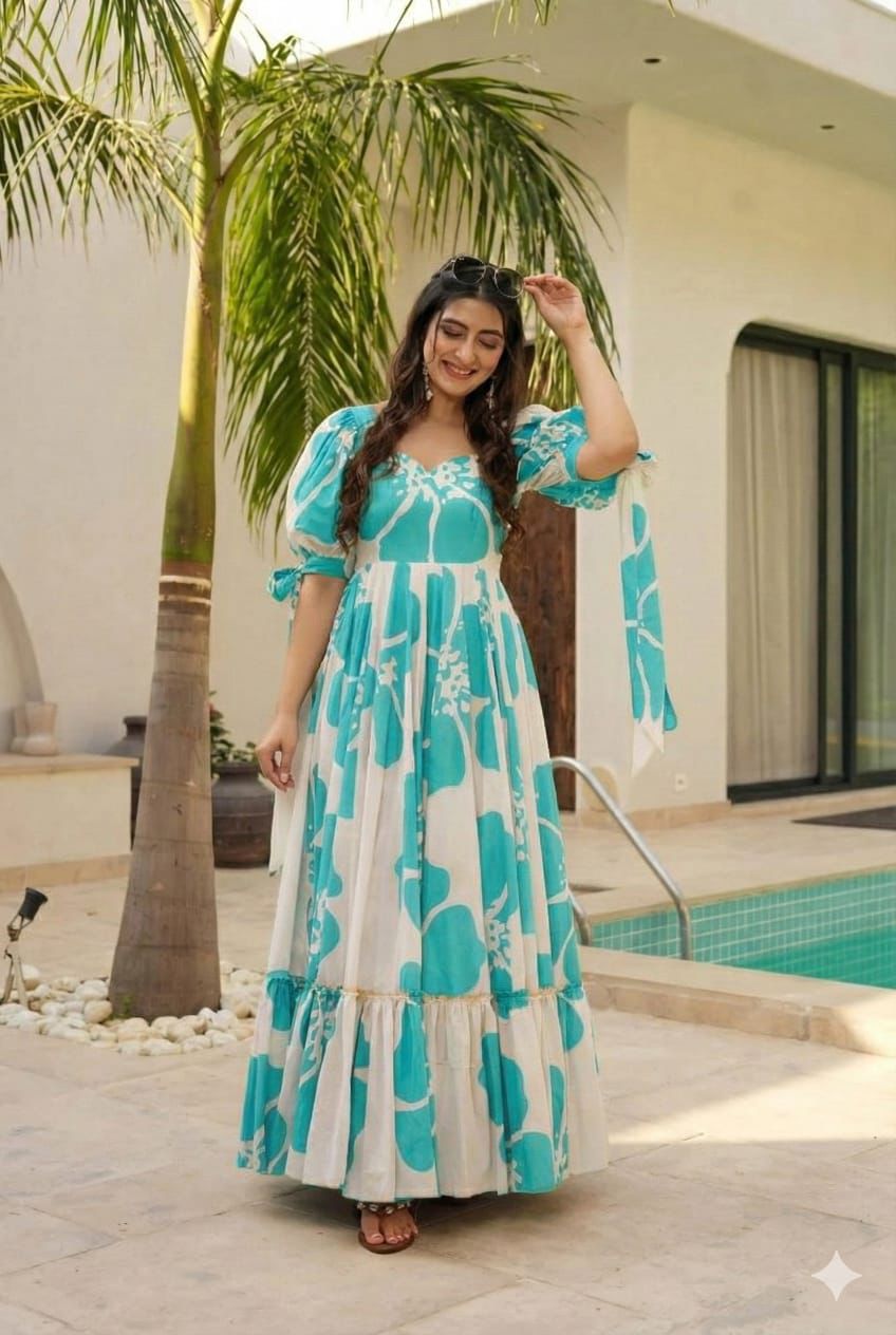 Women’s Turquoise Blue & White Printed Maxi Dress