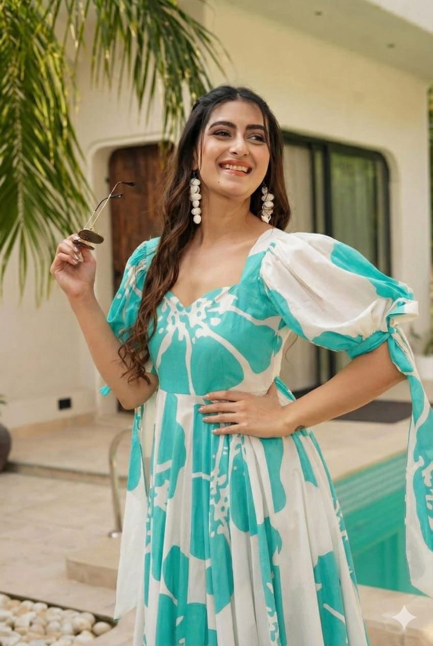 Women’s Turquoise Blue & White Printed Maxi Dress
