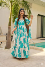 Women’s Turquoise Blue & White Printed Maxi Dress
