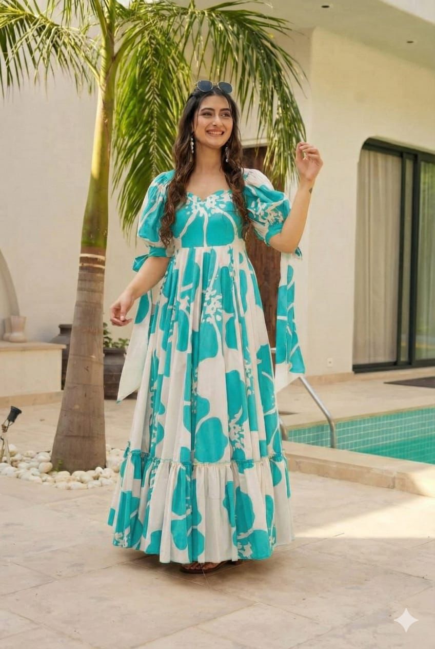 Women’s Turquoise Blue & White Printed Maxi Dress