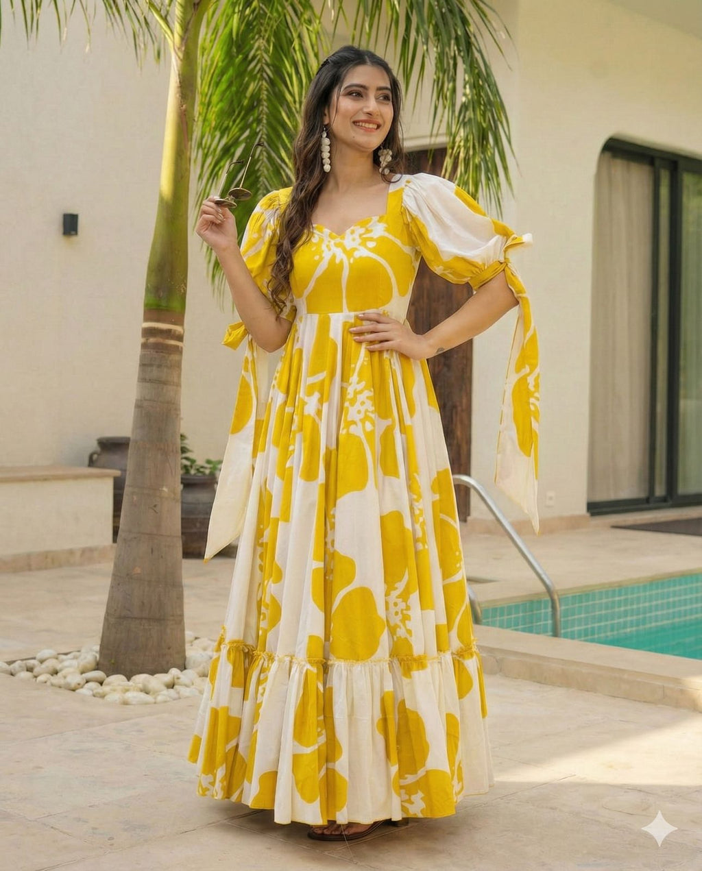 Women’s Yellow White Printed Maxi Dress