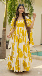 Women’s Yellow White Printed Maxi Dress