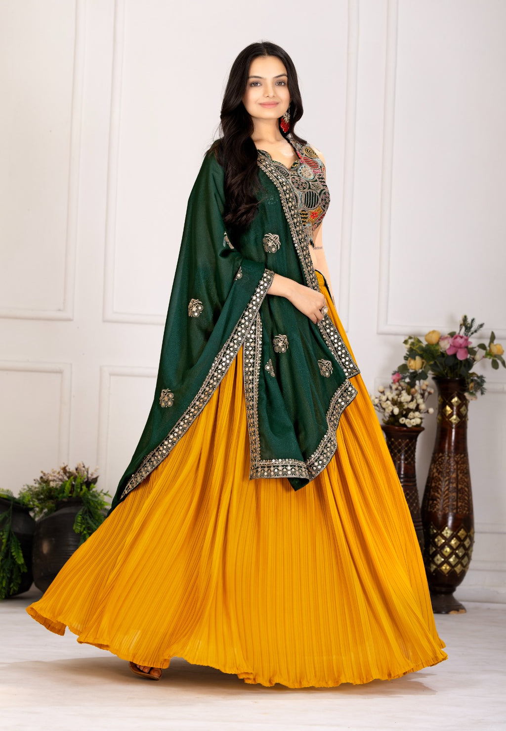 Women’s Yellow Georgette Lehenga Choli with Heavy Embroidery Blouse & Dupatta
