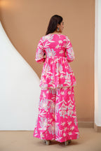 Women’s Pink Floral Printed Rayon Kurta Palazzo Set with Chanderi Dupatta