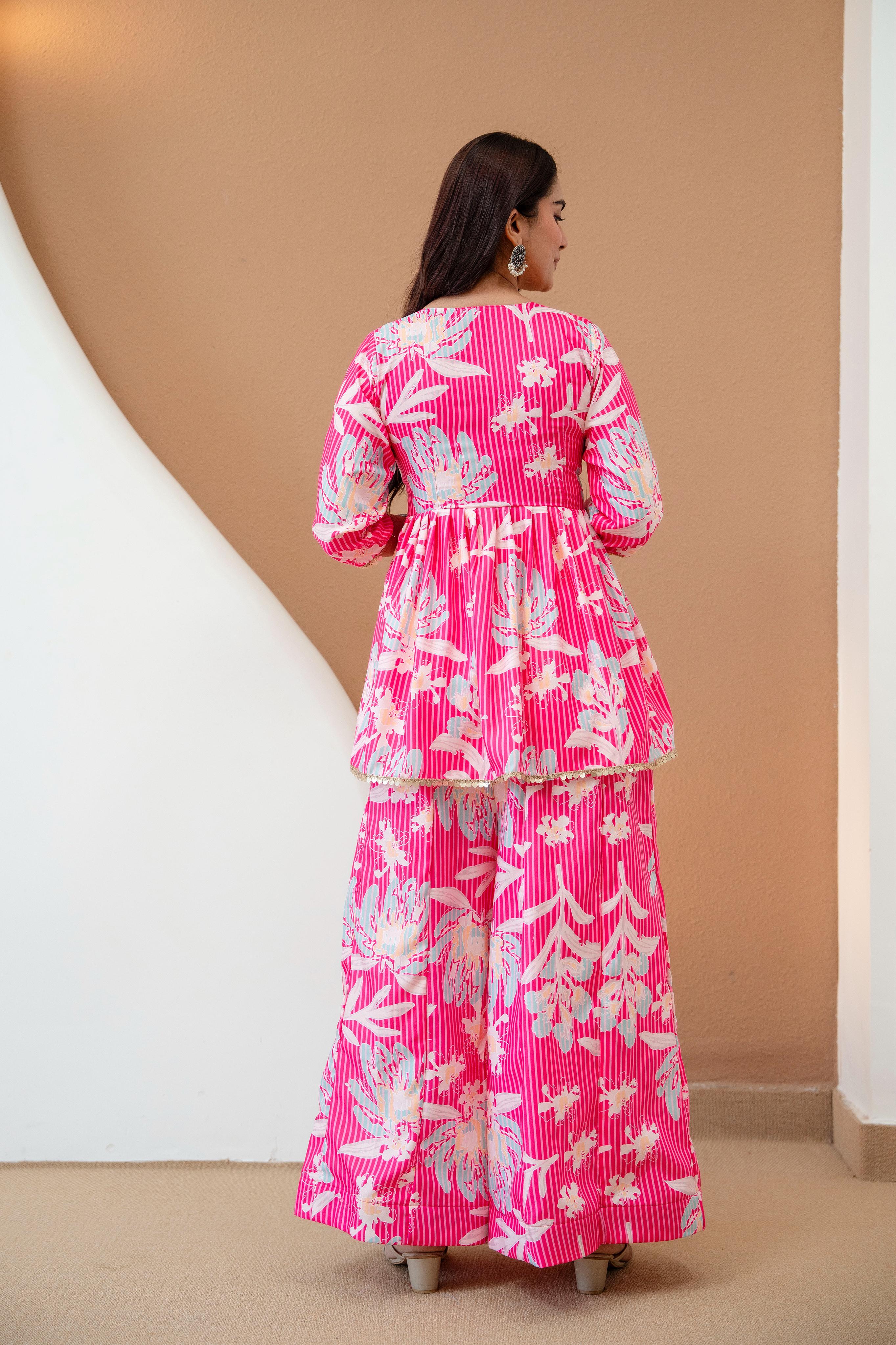 Women’s Pink Floral Printed Rayon Kurta Palazzo Set with Chanderi Dupatta