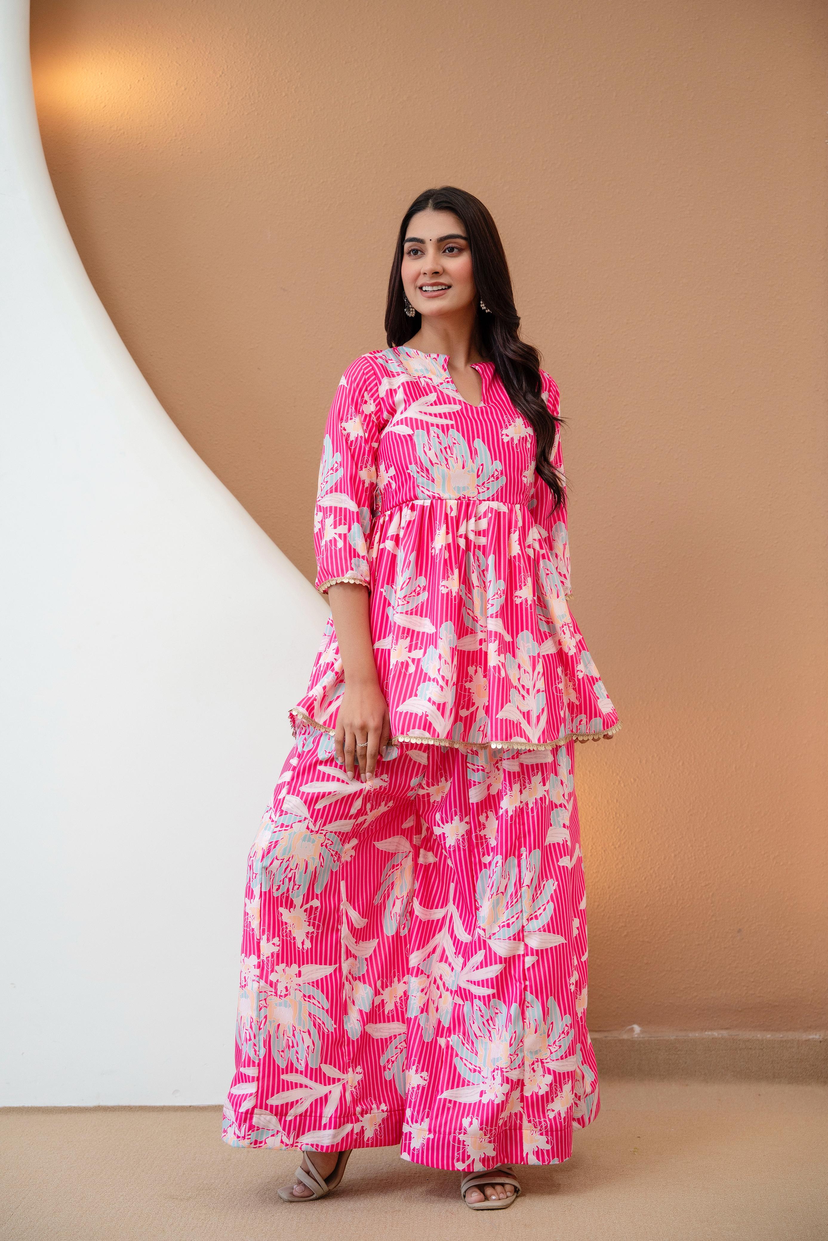 Women’s Pink Floral Printed Rayon Kurta Palazzo Set with Chanderi Dupatta