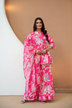 Women’s Pink Floral Printed Rayon Kurta Palazzo Set with Chanderi Dupatta