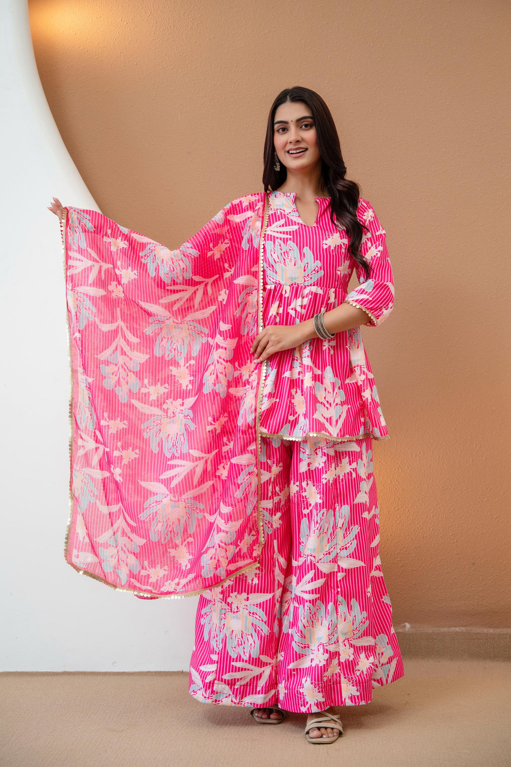 Women’s Pink Floral Printed Rayon Kurta Palazzo Set with Chanderi Dupatta