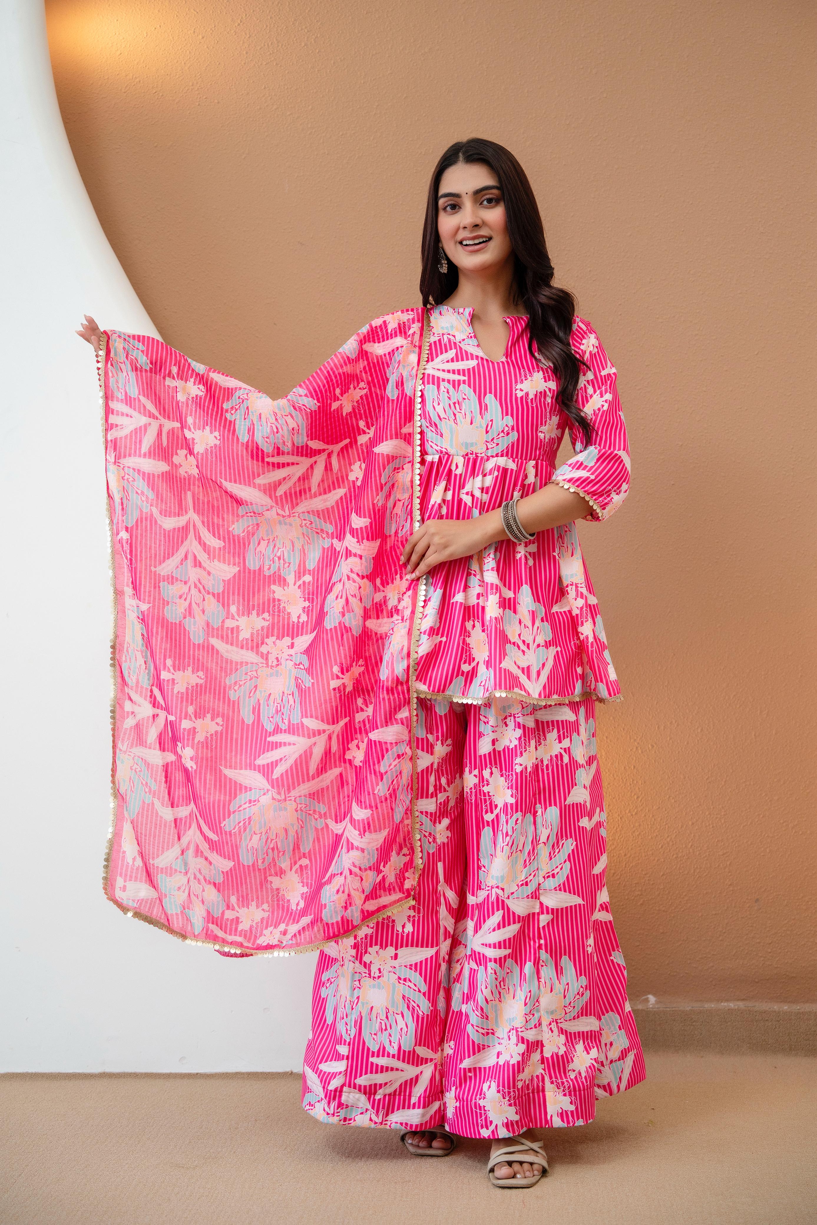 Women’s Pink Floral Printed Rayon Kurta Palazzo Set with Chanderi Dupatta