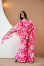 Women’s Pink Floral Printed Rayon Kurta Palazzo Set with Chanderi Dupatta