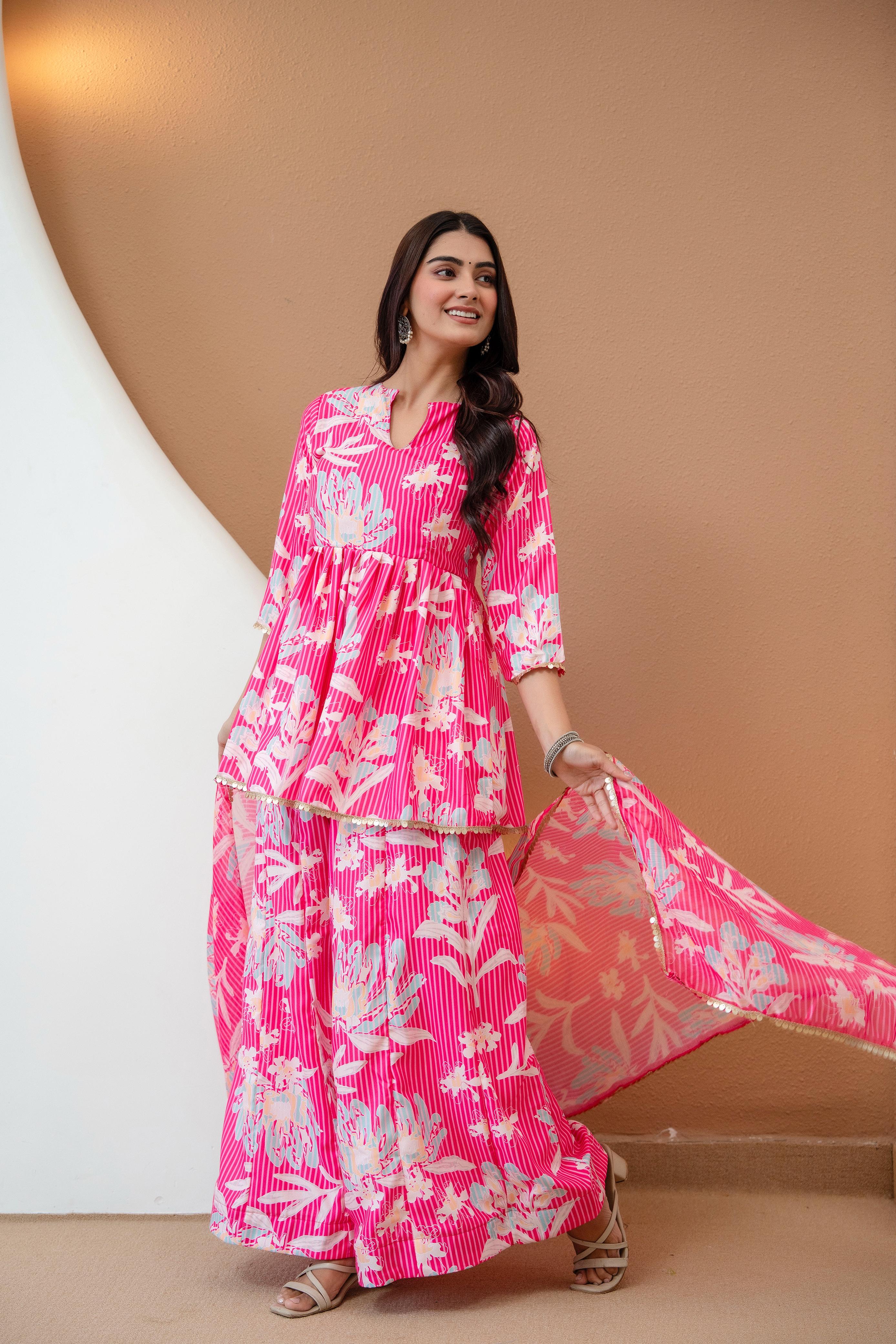 Women’s Pink Floral Printed Rayon Kurta Palazzo Set with Chanderi Dupatta