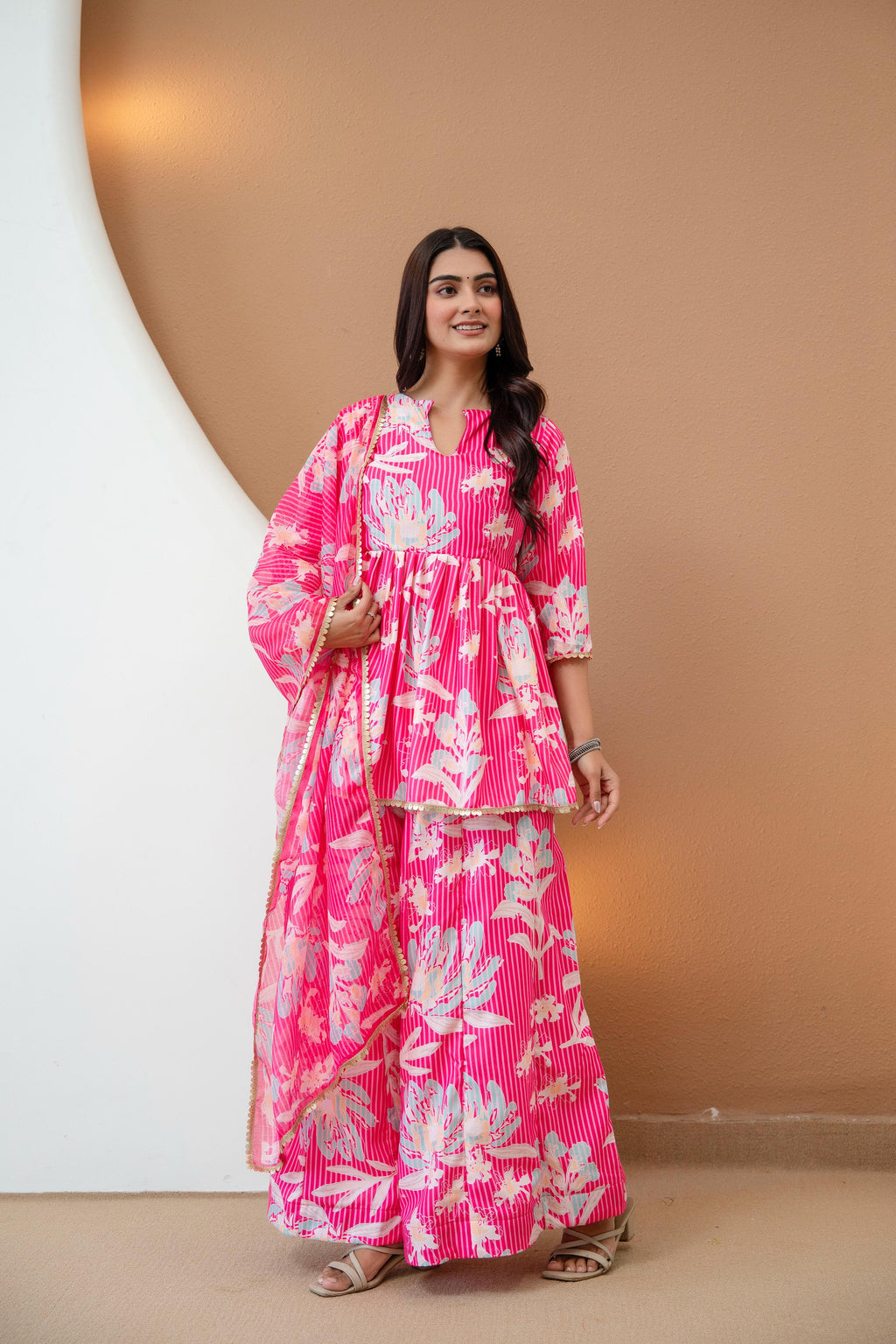 Women’s Pink Floral Printed Rayon Kurta Palazzo Set with Chanderi Dupatta