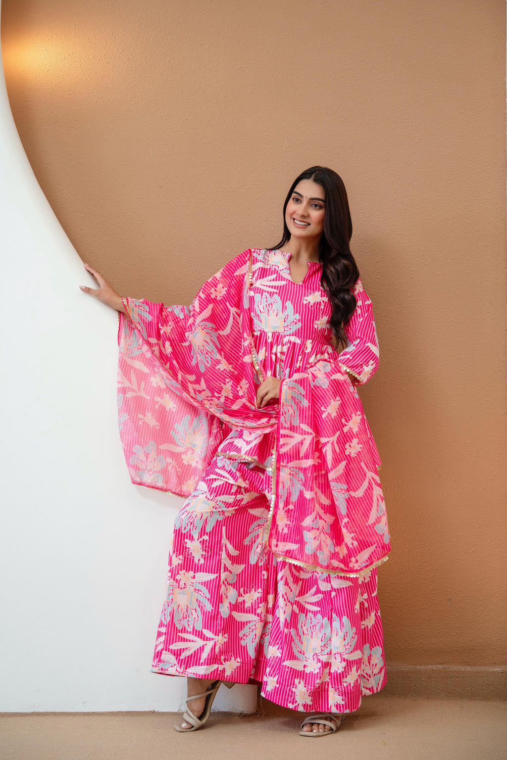 Women’s Pink Floral Printed Rayon Kurta Palazzo Set with Chanderi Dupatta