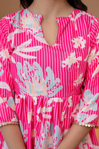 Women’s Pink Floral Printed Rayon Kurta Palazzo Set with Chanderi Dupatta
