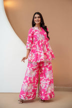 Women’s Pink Floral Printed Rayon Kurta Palazzo Set with Chanderi Dupatta