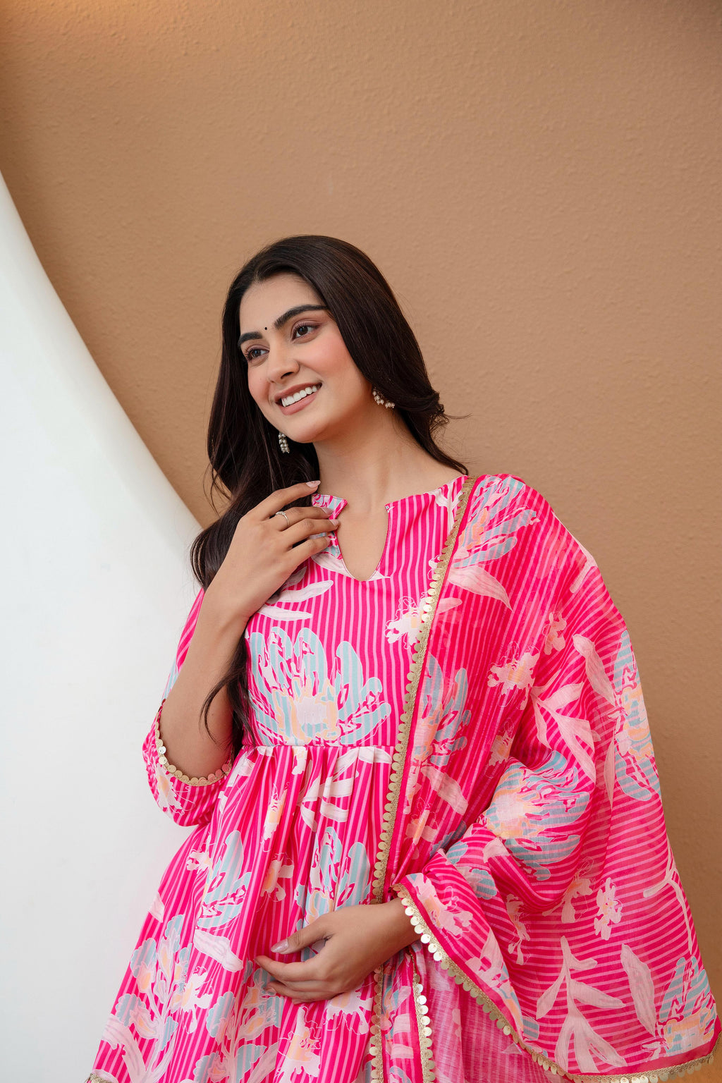 Women’s Pink Floral Printed Rayon Kurta Palazzo Set with Chanderi Dupatta