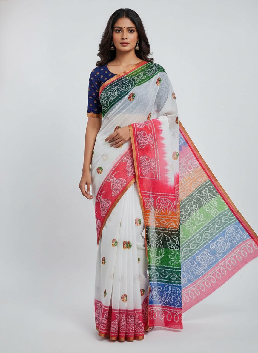 Monteliv White Patola Cotton Saree