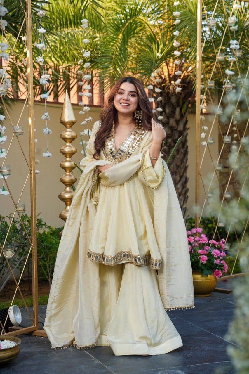 Monteliv Silk Kurta Palazzo Set with Mirror Work & Designer Dupatta