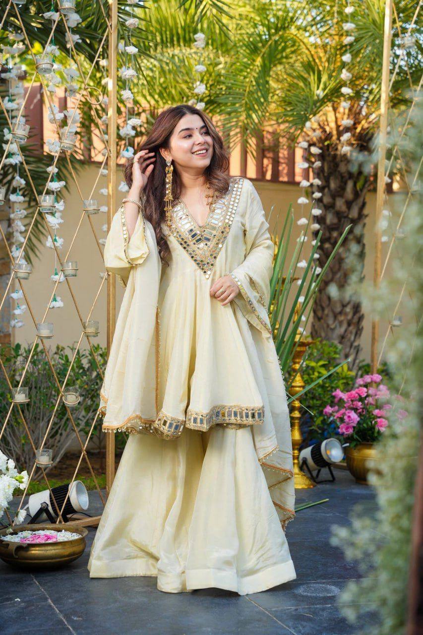 Monteliv Silk Kurta Palazzo Set with Mirror Work & Designer Dupatta