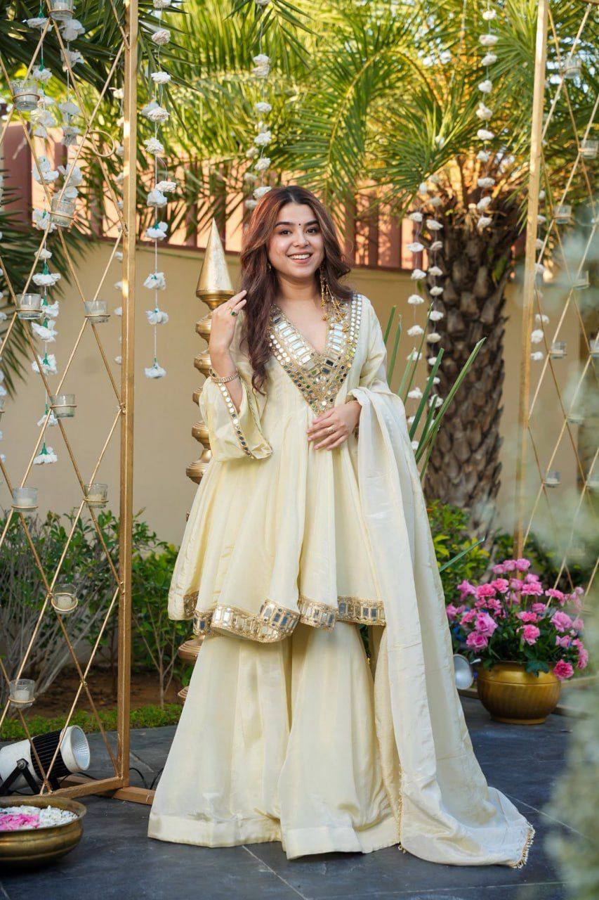 Monteliv Silk Kurta Palazzo Set with Mirror Work & Designer Dupatta