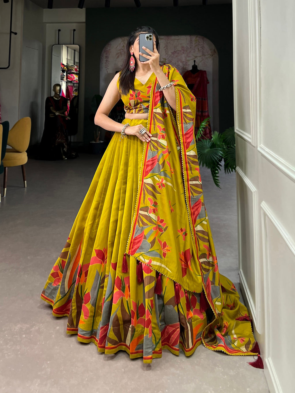 Monteliv Floral Tusser Silk Lehenga Choli Yellow