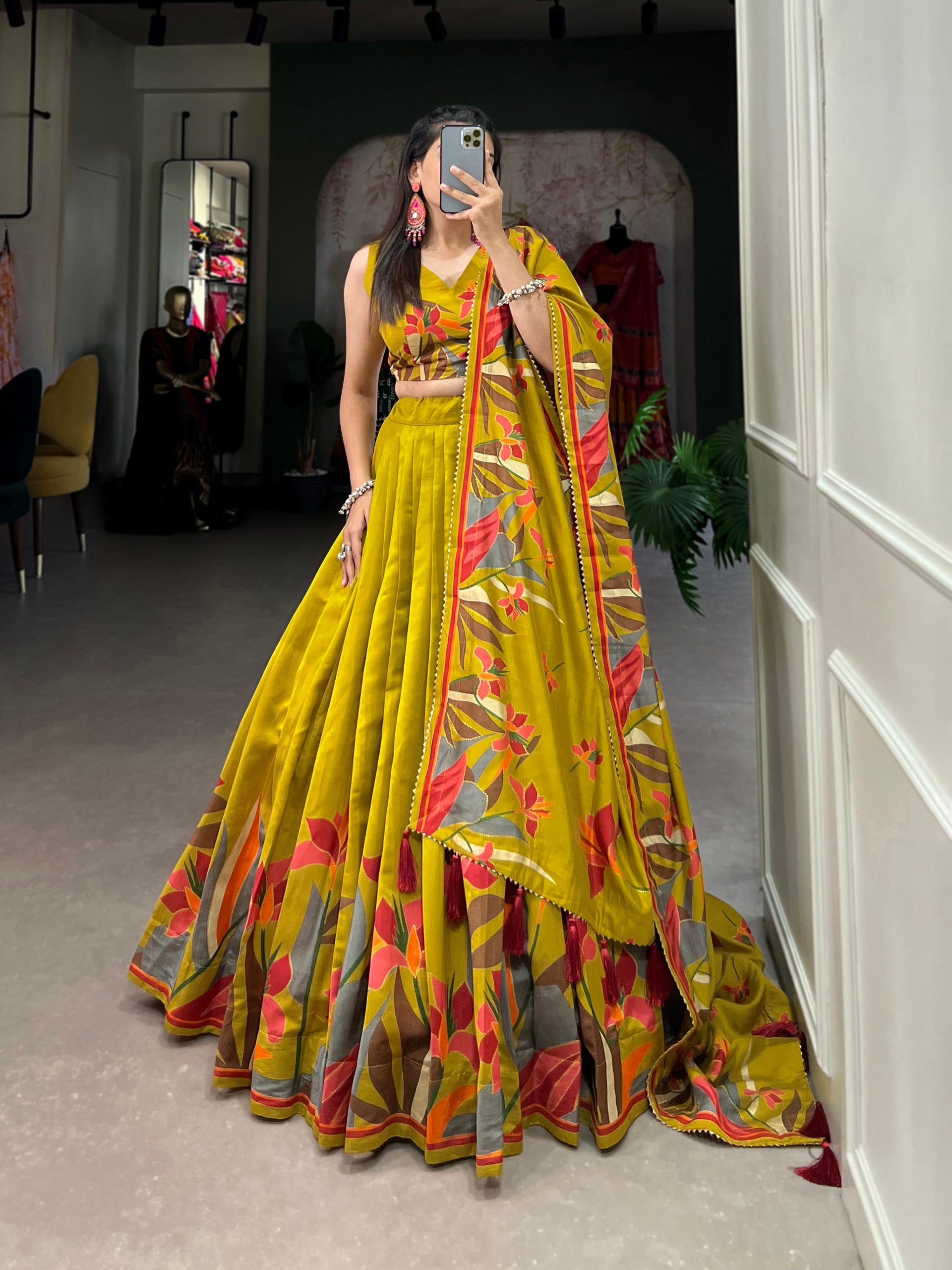 Monteliv Floral Tusser Silk Lehenga Choli Yellow