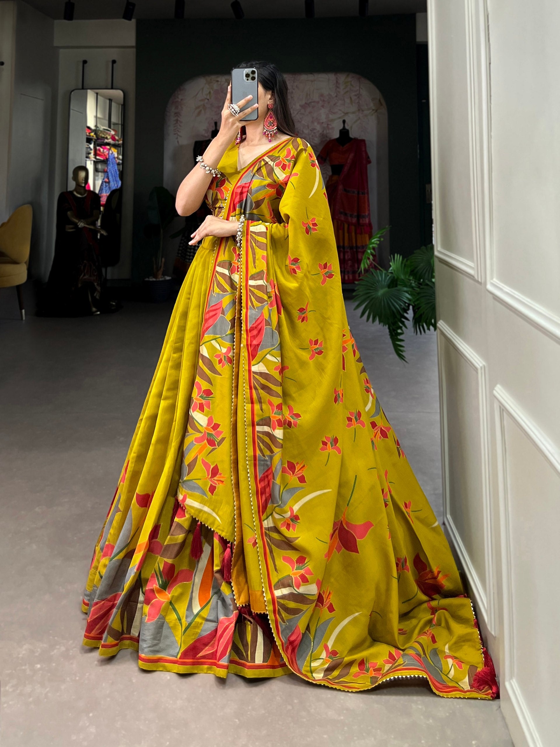 Monteliv Floral Tusser Silk Lehenga Choli Yellow